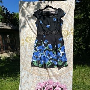 Retro Black Cotton Dress with Blue Floral Details